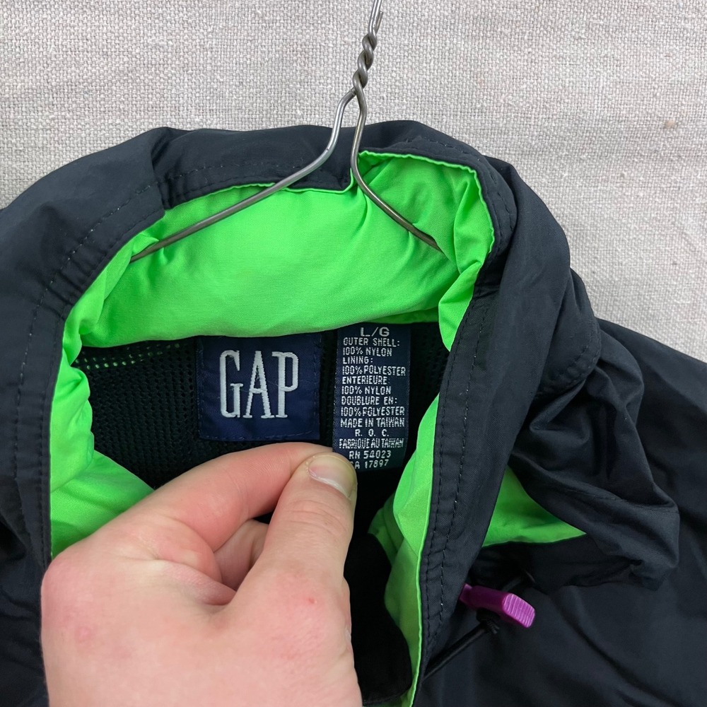 Vintage Gap Colorblock Windbreaker Jacket Black Neon Green Hooded Mens Large - Picture 5 of 7